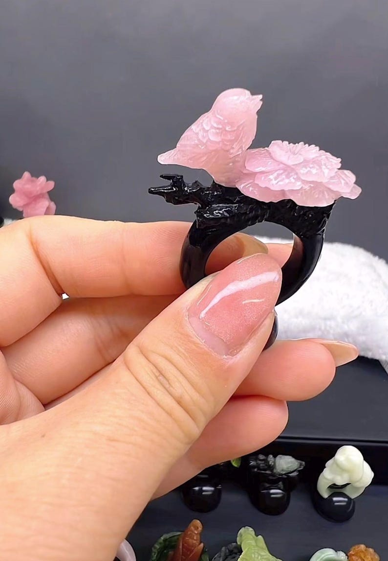 Hand Carved Ring Natural Pink Jade Bird and Flower Ring, AAA Grade Jade Flower Ring, Genuine Pink and Black Jade, Custom Hand Made Jade Flower and Bird Ring