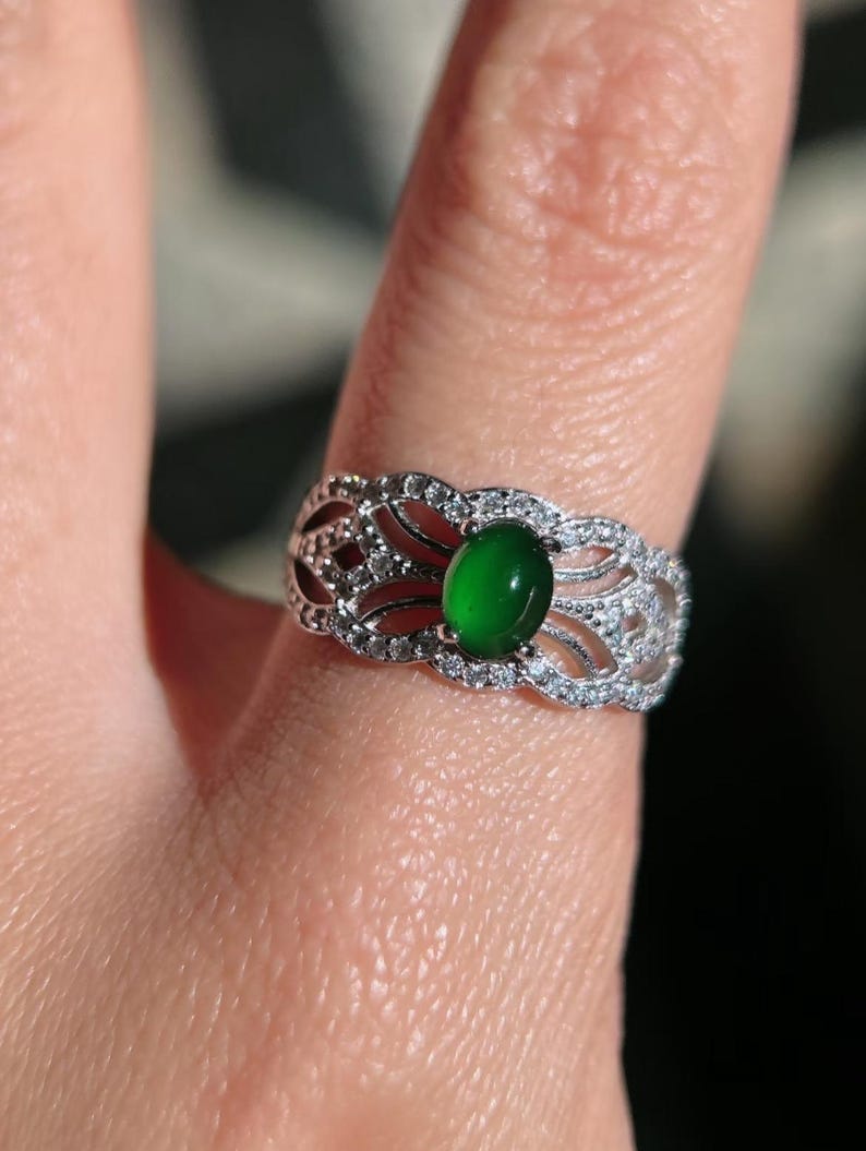 Natural Type AAA Full Green Jadeite Jade Adjustable Ring, Lace Inspired Elegant Design Real Jadeite Jade Ring For Women, Special Ring Gift For her, soft gothic style