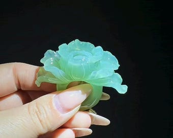 Hand Carved Jade Lotus Flower Ring: Artisan Green Jade Jewelry (Custom Size)