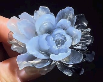 Hand Carved Natural Jade Peony Flower Ring: Artisan Black Jade Jewelry, Custom Size