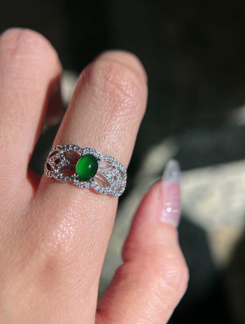 Natural Type AAA Full Green Jadeite Jade Adjustable Ring, Lace Inspired Elegant Design Real Jadeite Jade Ring For Women, Special Ring Gift For her