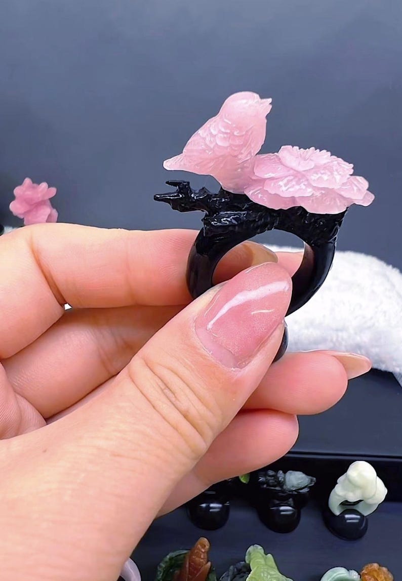 Hand Carved Ring Natural Pink Jade Bird and Flower Ring, AAA Grade Jade Flower Ring, Genuine Pink and Black Jade, Custom Hand Made Jade Flower and Bird Ring