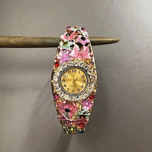 Floral Quartz Bracelet Watch: Hand-Painted Enamel Flowers Watch