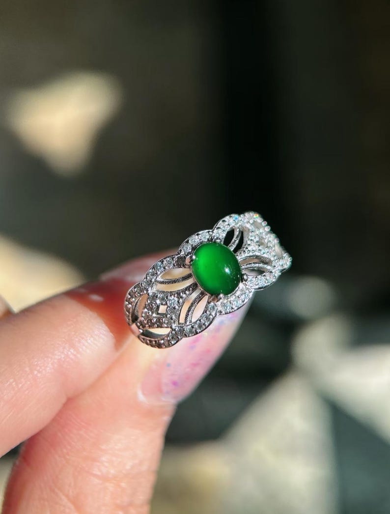 Natural Type AAA Full Green Jadeite Jade Adjustable Ring, Lace Inspired Elegant Design Real Jadeite Jade Ring For Women, Special Ring Gift For her