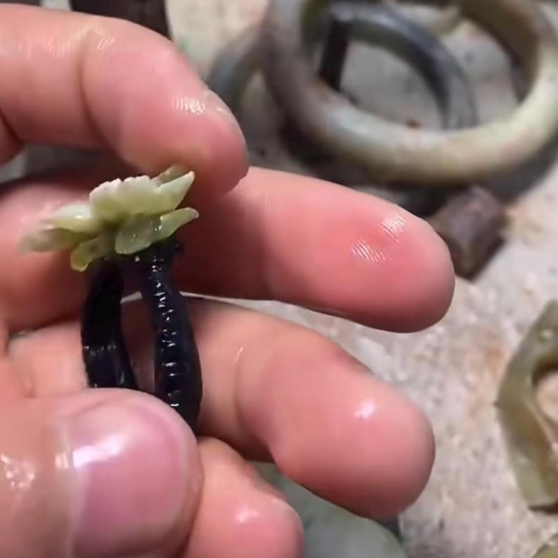 以下が含まれることがあります： 黒いリングに、彫刻された淡い緑色の花の模様。リングは手で持たれており、背景には他の翡翠のジュエリーが見えます。花には複数の花びらがあり、リングの焦点となっています。