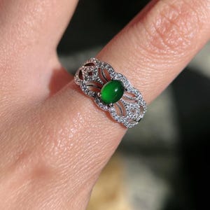 Natural Type AAA Full Green Jadeite Jade Adjustable Ring, Lace Inspired Elegant Design Real Jadeite Jade Ring For Women, Special Ring Gift For her, soft gothic style