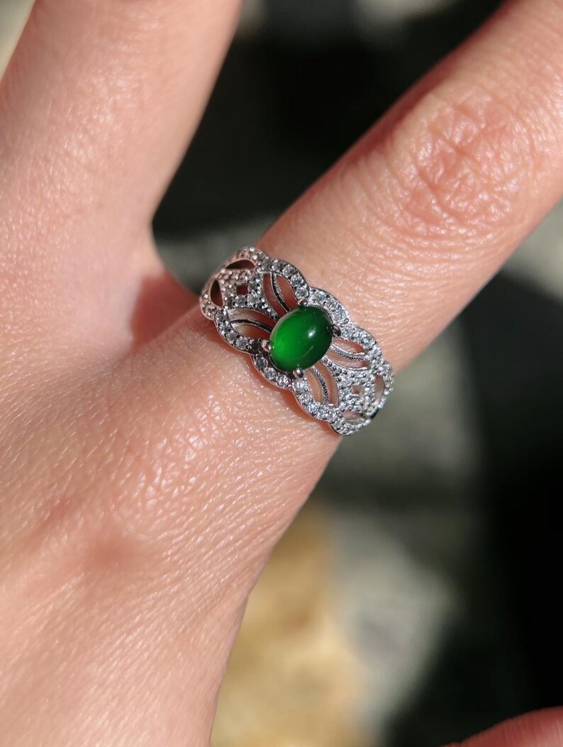 Natural Type AAA Full Green Jadeite Jade Adjustable Ring, Lace Inspired Elegant Design Real Jadeite Jade Ring For Women, Special Ring Gift For her, soft gothic style