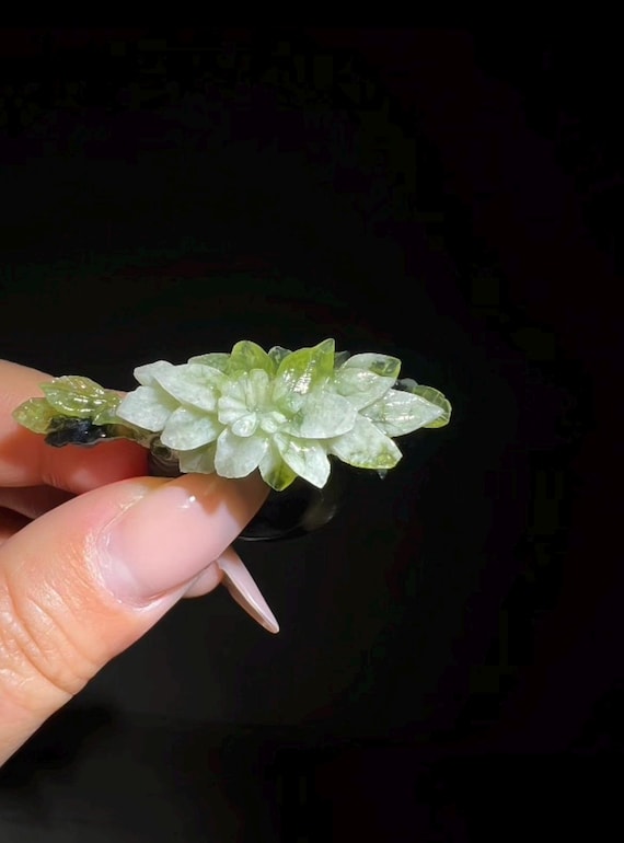 Hand Carved Jade Flower Ring: Natural Green Jade Jewelry