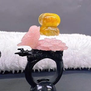 Hand Carved Ring Natural Pink Jade Bird and Flower Ring, AAA Grade Jade Flower Ring, Genuine Pink and Black Jade, Custom Hand Made Jade Flower and Bird Ring