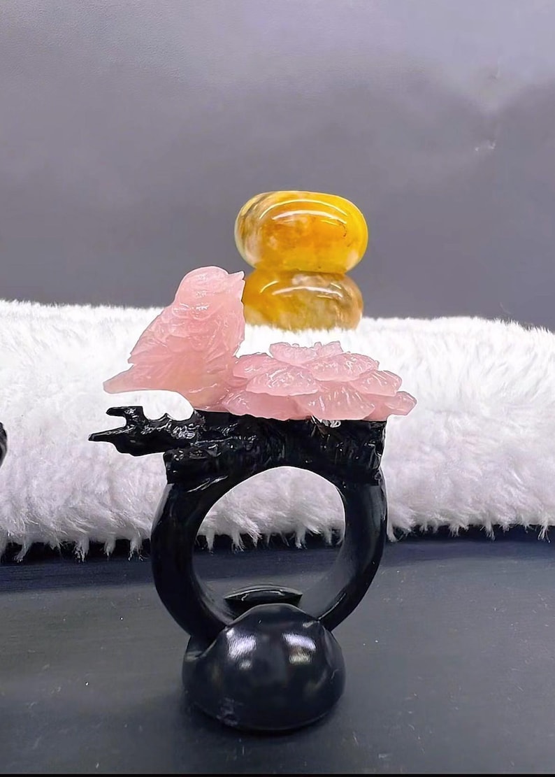 Hand Carved Ring Natural Pink Jade Bird and Flower Ring, AAA Grade Jade Flower Ring, Genuine Pink and Black Jade, Custom Hand Made Jade Flower and Bird Ring