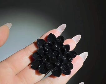 Hand Carved Black Jade Lotus Flower Ring: Artisan Gemstone Jewelry