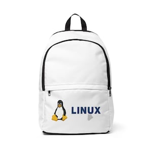 Op de afbeelding: Witte rugzak met zwarte rand en een zwart handvat. De voorzak heeft een pinguïngrafiek en het woord "LINUX" in blauw. De rugzak heeft een ritssluiting en verstelbare bandjes.