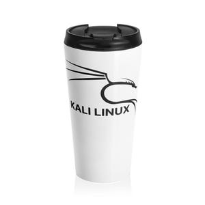 May include: White travel mug with a black lid. The mug features a black graphic of a dragon and the words "KALI LINUX" in black, centered on the front. The mug is designed to keep beverages hot or cold.