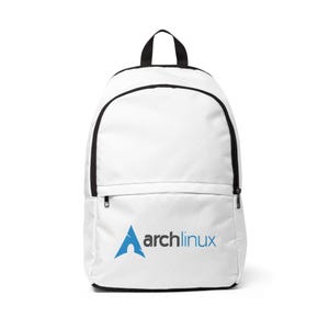 May include: White backpack with black trim and a black handle. The front pocket features the blue and white "archlinux" logo. The backpack has a zippered front pocket and a main compartment with a zipper closure.