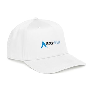 May include: A white baseball cap with a curved brim. The cap features the blue and white "archlinux" logo on the front. The hat is made of a smooth, solid material and has a button on top.