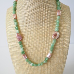 Chrysoprase nuggets with pink Mother of Pearl necklace