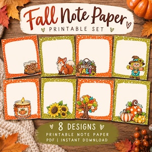 Puede incluir: Un conjunto de ocho hojas de papel para notas imprimibles con ilustraciones de temática otoñal que incluyen botas marrones, un zorro, un letrero de Hello Fall, un espantapájaros, una vela, girasoles, un árbol colorido y calabazas, con bordes de lunares.