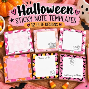 May include: A set of Halloween sticky note templates featuring 12 designs with pink, orange, and black patterns. The notes display illustrations of ghosts, bats, pumpkins, and spiderwebs, with text including Things to do and Just hang in there.