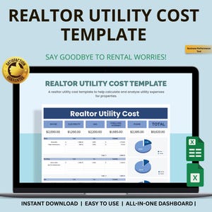 May include: A laptop screen shows a "Realtor Utility Cost Template" with financial data. The template includes sections for water, electricity, gas, and other expenses. The text "Say Goodbye to Rental Worries!" is above the template. A "Satisfaction Guarantee" seal is in the corner.