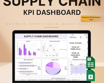 May include: A laptop displaying a "Supply Chain KPI Dashboard" with charts and graphs. The screen shows data visualizations for supply, stock, price, and total cost. The text "Optimize Supply Chain, Boost Profits!" is also visible.