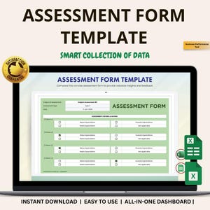 May include: A laptop displays an assessment form template with a green and white design. The screen shows a form with sections for criteria and ratings. Text includes "Assessment Form Template" and "Smart Collection of Data."