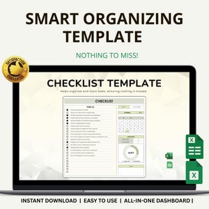 May include: A laptop screen shows a checklist template with the text "SMART ORGANIZING TEMPLATE" and "CHECKLIST TEMPLATE". The template includes a task list, a calendar, and a progress tracker. The words "INSTANT DOWNLOAD | EASY TO USE | ALL-IN-ONE DASHBOARD |" are at the bottom.