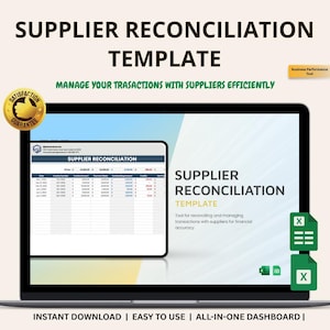 Puede incluir: Una pantalla de portátil muestra una plantilla de conciliación de proveedores. La pantalla muestra una hoja de cálculo con datos financieros. El texto en la pantalla dice "SUPPLIER RECONCILIATION TEMPLATE". El texto adicional incluye "Gestiona tus transacciones con proveedores de forma eficiente."