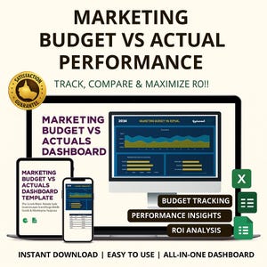 May include: A digital marketing dashboard displayed on a laptop, tablet, and smartphone. The screen shows data visualizations and the text "MARKETING BUDGET VS ACTUAL PERFORMANCE". Additional text includes "TRACK, COMPARE & MAXIMIZE RO!!" and "BUDGET TRACKING".