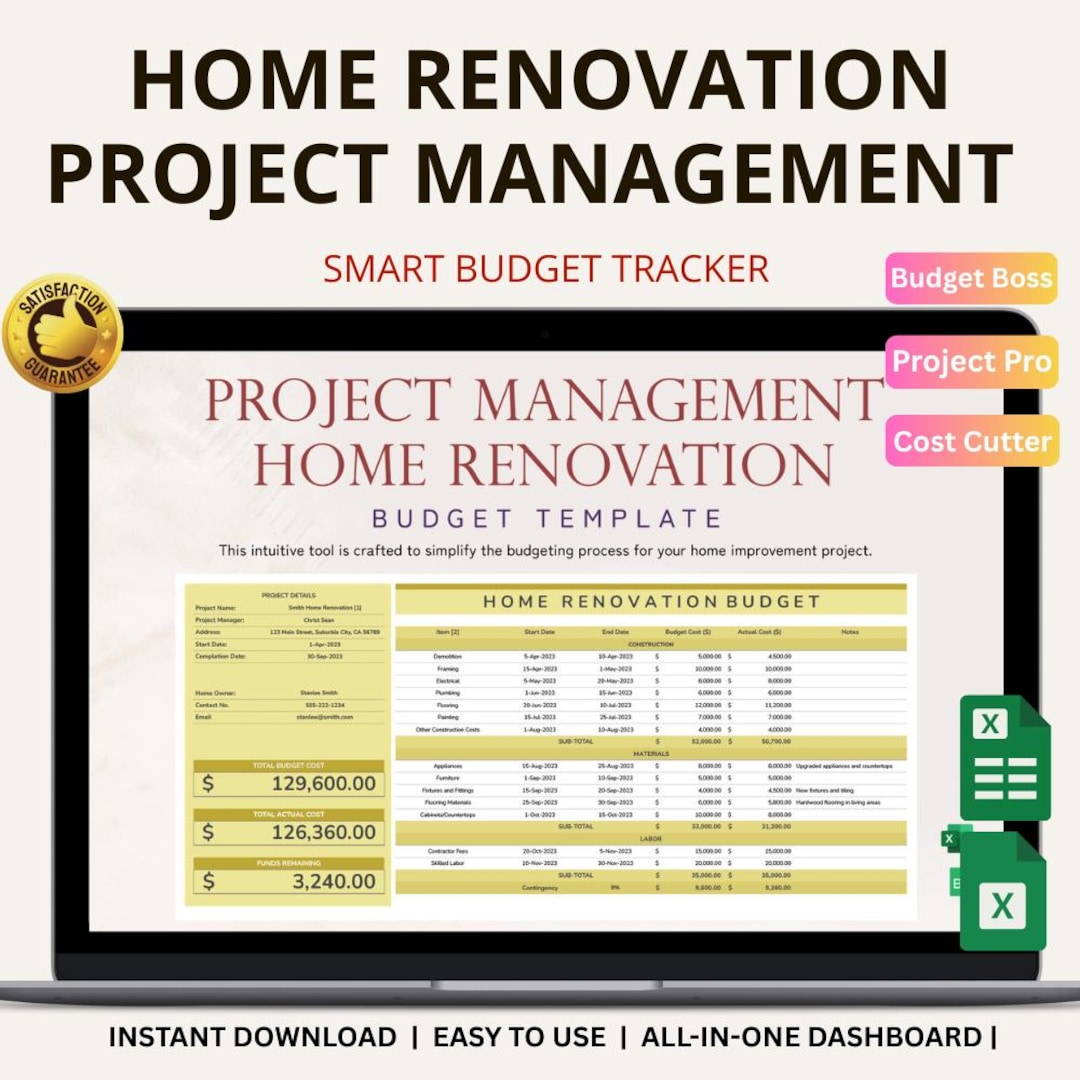 Project Management Home Renovation Budget Template Excel & Google