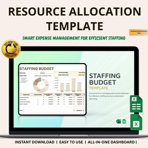 Peut inclure: Un écran d'ordinateur portable affiche un « Modèle d'allocation des ressources » avec les détails du « Budget du personnel ». Le modèle comprend des graphiques et des données financières, avec le texte « Gestion intelligente des dépenses pour une dotation efficace ».