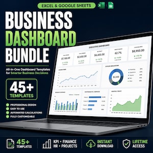 May include: A laptop screen displays a business dashboard bundle with financial data visualizations. The screen shows charts, graphs, and key performance indicators (KPIs). Text includes "Business Dashboard Bundle" and "45+ Templates". The design is professional and easy to use.