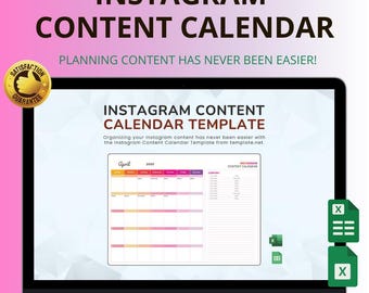 May include: A laptop screen displays an Instagram Content Calendar Template. The screen shows a calendar layout with the text "April 2023" and a content planning section. The image includes the text "INSTAGRAM CONTENT CALENDAR" and "INSTANT DOWNLOAD | EASY TO USE | ALL-IN-ONE DASHBOARD".