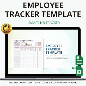 Puede incluir: Una pantalla de portátil muestra una "EMPLOYEE TRACKER TEMPLATE" con el texto "SMART HR TRACKER". La plantilla incluye gráficos y campos de datos. La imagen también presenta el texto "INSTANT DOWNLOAD | EASY TO USE | ALL-IN-ONE DASHBOARD |."