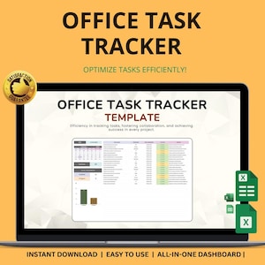 Puede incluir: Una pantalla de portátil muestra una plantilla de "OFFICE TASK TRACKER". La pantalla muestra una hoja de cálculo con funciones de seguimiento de tareas. La imagen incluye el texto "OPTIMIZE TASKS EFFICIENTLY!" y "INSTANT DOWNLOAD | EASY TO USE | ALL-IN-ONE DASHBOARD |". Un sello dorado "SATISFACTION GUARANTEE" está en la esquina superior izquierda.