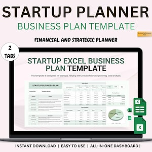 Könnte beinhalten: Ein Laptop-Bildschirm zeigt eine "Startup Excel Business Plan Template". Der Text "Startup Planner" und "Business Plan Template" stehen oben. Der Bildschirm zeigt Finanzdaten und ein Kreisdiagramm. Die Wörter "Sofort-Download" und "Einfach zu bedienen" stehen unten.
