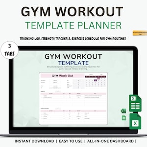 Peut inclure: Un écran d'ordinateur portable affiche un "GYM WORKOUT TEMPLATE PLANNER". L'écran montre un plan structuré pour les entraînements en salle de sport, comprenant un journal d'entraînement, un suivi de la force et un programme d'exercices. Le texte comprend "INSTANT DOWNLOAD | EASY TO USE | ALL-IN-ONE DASHBOARD."