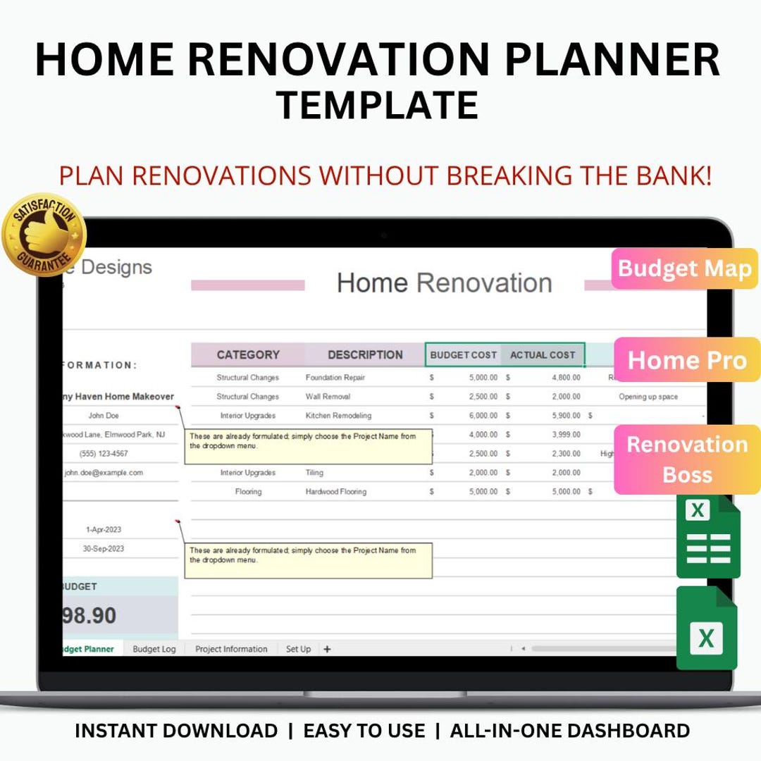 Home Renovation Budget Planner Excel & Google Sheets | Remodel Expense ...