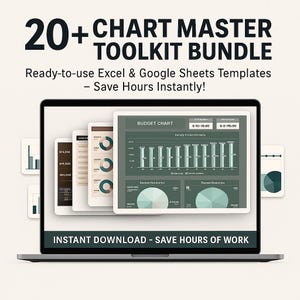 May include: A laptop screen displays a "Chart Master Toolkit Bundle" with Excel and Google Sheets templates. The image shows various charts and graphs, including a budget chart. Text on the screen reads "Instant Download - Save Hours of Work."
