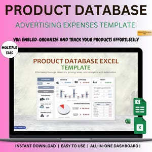 Op de afbeelding: Een laptopscherm toont een Excel-sjabloon voor een productdatabase. Het scherm toont datavisualisaties, waaronder grafieken en tabellen, met de tekst "Product Database Excel Template". De sjabloon is ontworpen om voorraad, prijzen, verkopen en analyses te beheren.