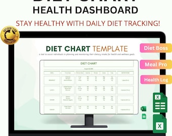 Könnte beinhalten: Ein Laptop-Bildschirm zeigt eine Diät-Chart-Vorlage mit Abschnitten für Lebensmittel, Portionsgrößen und Nährwertangaben. Der Bildschirm zeigt den Text "DIET CHART" und "HEALTH DASHBOARD". Zusätzlicher Text lautet "STAY HEALTHY WITH DAILY DIET TRACKING!" und "INSTANT DOWNLOAD | EASY TO USE | ALL-IN-ONE DASHBOARD".