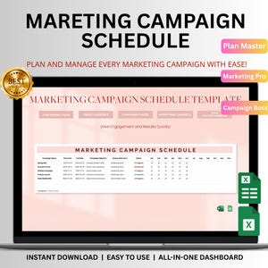 Op de afbeelding: Een digitale marketingcampagne-sjabloon weergegeven op een laptopscherm. Het scherm toont een roze en witte spreadsheet met koppen als "Campagnenaam" en "Status". Tekst bevat "Marketingcampagneschema" en "Direct downloaden".