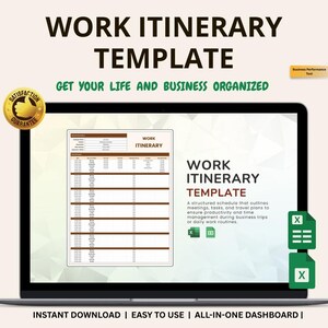 Può includere: Uno schermo di un laptop mostra un "Modello di itinerario di lavoro" con il testo "Organizza la tua vita e il tuo business." Il modello include un layout di pianificazione. Il testo aggiuntivo include "Download istantaneo | Facile da usare | Dashboard all-in-one."