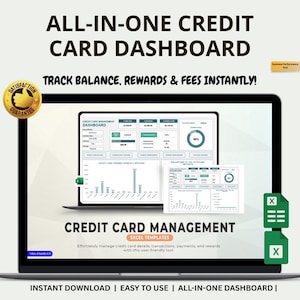 Puede incluir: Una pantalla de portátil que muestra un panel de control de tarjeta de crédito con gráficos y diagramas. El texto dice "ALL-IN-ONE CREDIT CARD DASHBOARD" y "TRACK BALANCE, REWARDS & FEES INSTANTLY!". El panel de control está etiquetado como "CREDIT CARD MANAGEMENT".