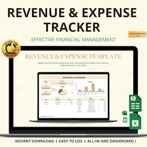 Può includere: Un laptop mostra un modello di "Tracker Entrate e Uscite" per la gestione finanziaria. Lo schermo mostra un foglio di calcolo con grafici di entrate e uscite. Il testo include "Download istantaneo" e "Facile da usare".
