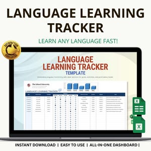 Pode incluir: Um ecrã de computador portátil exibe um modelo de "Language Learning Tracker". O modelo inclui secções para metas, atividades e níveis de proficiência. O texto "Learn Any Language Fast!" também é visível. A imagem também inclui o texto "Instant Download | Easy to Use | All-in-One Dashboard |".