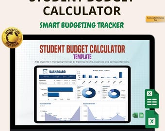 May include: A laptop screen displays a student budget calculator interface. The interface includes charts and graphs for tracking income, expenses, and savings. Text on the screen reads "Student Budget Calculator" and "Smart Budgeting Tracker."