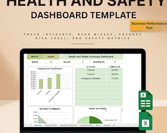 May include: A laptop displays a health and safety dashboard template. The screen shows charts and graphs tracking incidents, training, and safety metrics. The text on the screen includes "Health and Safety Summary Dashboard" and "Training and Certification". The background is a light brown color.