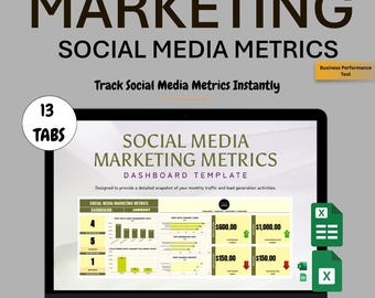 May include: A laptop displays a social media marketing metrics dashboard template. The screen shows charts, graphs, and financial data. The text on the screen reads "Marketing Social Media Metrics" and "Instant Download". The laptop is on a gray surface.