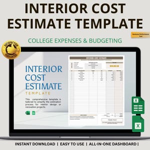 Può includere: Uno schermo di un laptop mostra un "MODELLO DI STIMA DEI COSTI INTERNI" con un layout di foglio di calcolo. Il modello è progettato per progetti di interior design o ristrutturazione. Viene visualizzato anche il testo "SPESE UNIVERSITARIE E BUDGETING".