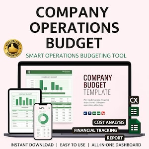 以下が含まれることがあります： 会社予算テンプレートを表示するラップトップ、タブレット、スマートフォン。画面には財務データとグラフが表示されます。テキストには「Company Operations Budget」、「Cost Analysis」、「Financial Tracking」が含まれています。